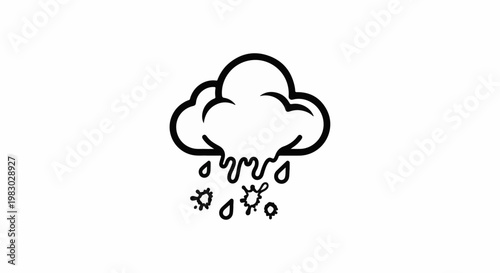 A simple black and white icon of a cloud with rain and splatters