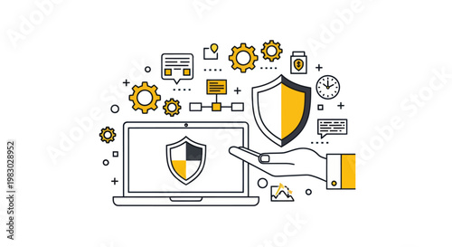 Digital security and data protection concept with laptop and shield.