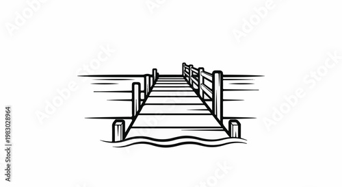 A simple black and white illustration of a wooden pier extending into water