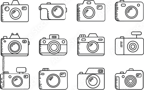 Photography camera icon set, featuring digital slr, vintage film equipment, and modern device outlines