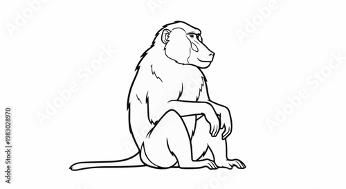 A simple black and white line drawing of a baboon sitting down