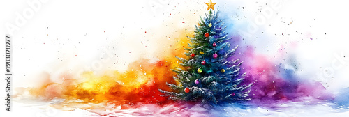 Bright and colorful Christmas tree with decorations and star on top standing in snowy scene during winter season