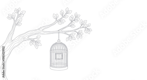 Minimalist outline drawing of an empty bird cage hanging from a tree branch.