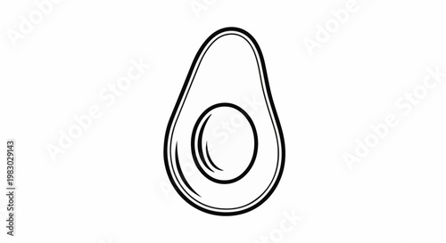 A simple black and white line drawing of a halved avocado with its pit