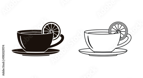 Two black teacups with lemon slices minimalist design on transparent background silhouette
