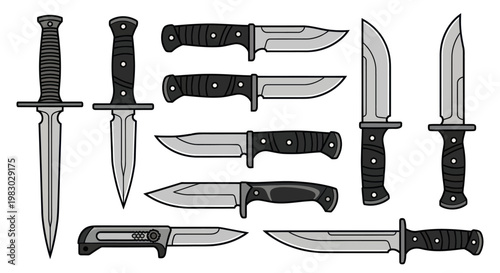 Collection of tactical combat knives and survival hunting blades in flat vector style