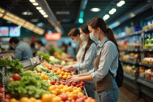 Customers Wearing Face Masks Choosing Fresh Produce in Supermarket, Health Safety Concept