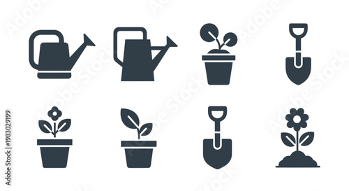 Set of flat gardening icons featuring watering cans, shovels, and potted plants
