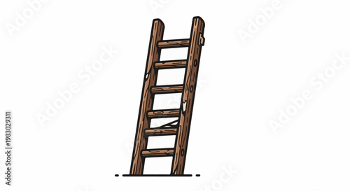 A rustic, wooden ladder with visible wear, tilted slightly upwards