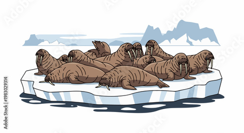A herd of walruses rests on a floating ice floe under icy mountains