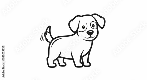 A happy, small, stylized dog with floppy ears and a wagging tail