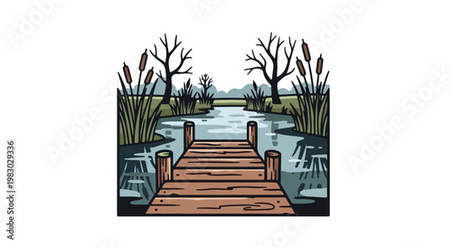 A rustic wooden pier leads to a calm, reedy waterway under bare trees