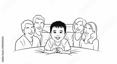 A happy family, with a young child in the foreground, enjoys a moment together