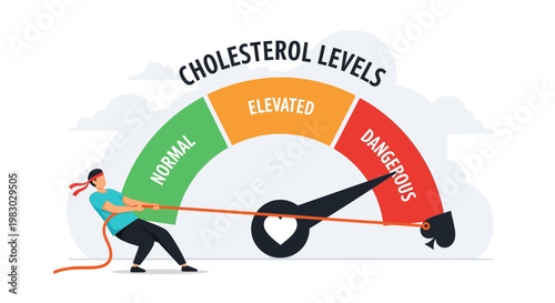 Person pulling cholesterol levels gauge with rope to normal range zone