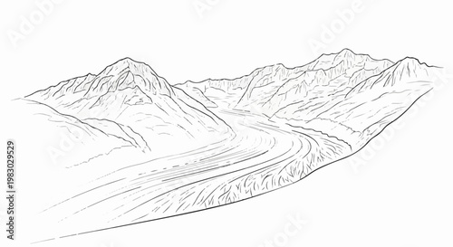 A line drawing depicts a winding glacier flowing between majestic, rocky mountain ranges