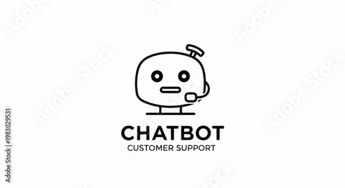 A line art logo depicts a simple bot head with headphones, labeled "CHATBOT CUSTOMER SUPPORT