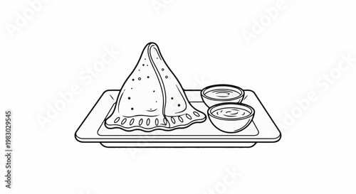 A line drawing depicts a savory pastry with two small bowls of dipping sauce on a tray