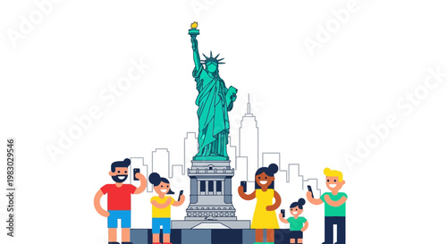 Happy Tourists Taking Selfies With Statue Of Liberty