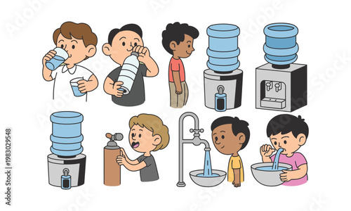 Water, hydration, kids drinking, people washing, faucet, vector icons