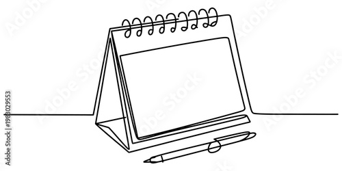 A simple continuous line drawing of a blank desktop calendar sitting beside a modern ballpoint pen Vector, illustration