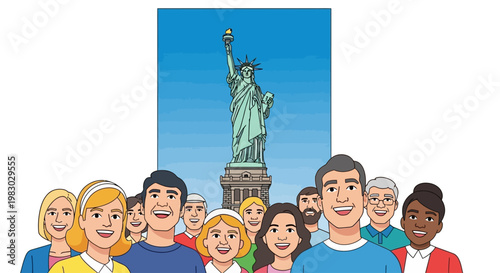 Diverse People And Statue Of Liberty