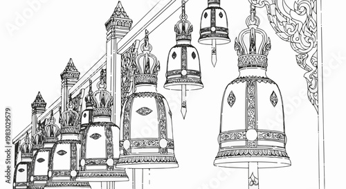 A line art illustration of numerous ornate bells hanging in a row