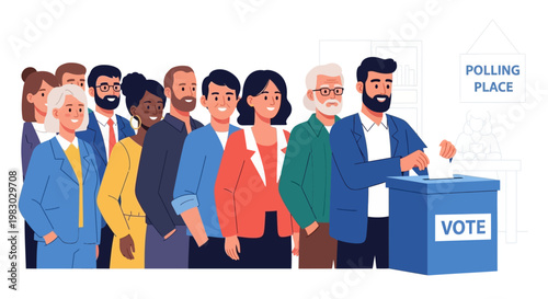 Diverse Group Of People Waiting In Line To Vote At A Polling Place