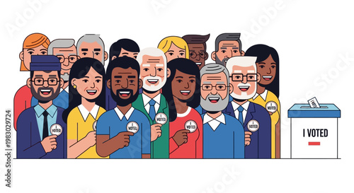 Diverse Group Of People Showing "I Voted" Stickers Next To Ballot Box