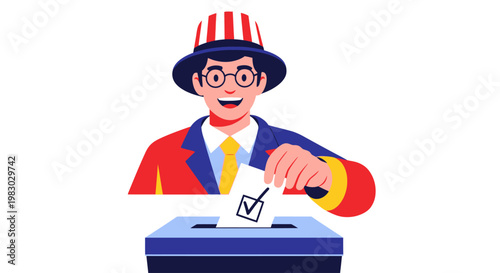 Man in Patriotic Hat Casting Vote at Ballot Box