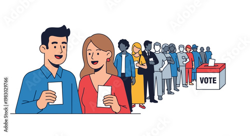 Diverse Group of People in Voting Booth Line