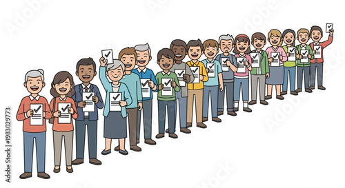 Diverse Group Of People Standing In Line To Vote