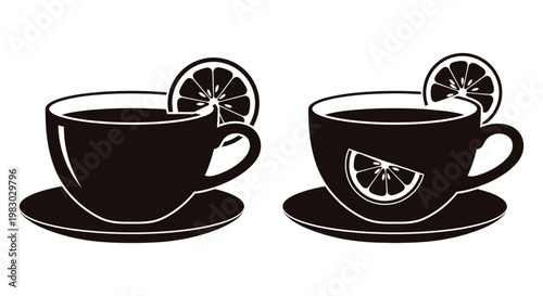 Two cups of tea with lemon slices a contrasting design on transparent background silhouette
