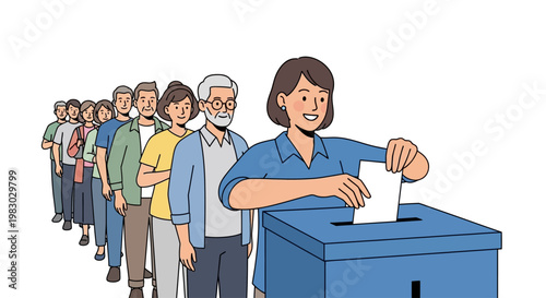 Diverse People in Line Casting Ballots at a Blue Voting Booth