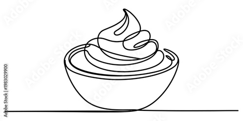 A single continuous line drawing of a bowl filled with a swirl of soft serve ice cream dessert Vector, illustration