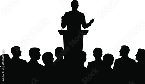 Business presentation, speaker and audience silhouettes, corporate meeting, communication concept, black icons