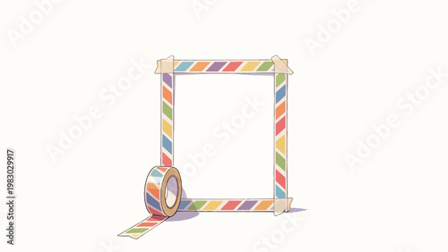 Hand-Drawn Illustration of a Rainbow Diagonal Striped Washi Tape Framed Empty Square, With a Roll of Matching Tape, Soft Minimalist Plain Background, Cute Cozy Stationery Aesthetic