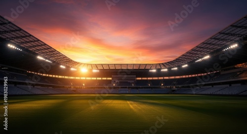 A wide angle view of an empty football stadium illuminated by bright sunset light at dusk time