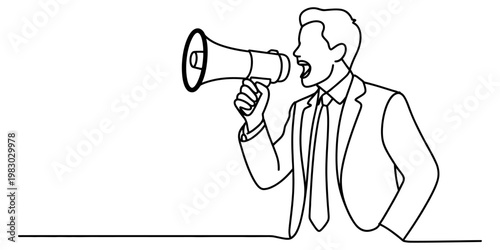 A black and white continuous line drawing of a businessman shouting into a handheld megaphone. Vector, illustration