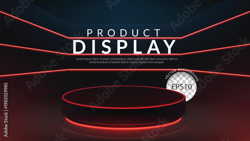 Cylinder podium with red neon lights. Concept of design for product display. Layout horizontal, Vector illustration