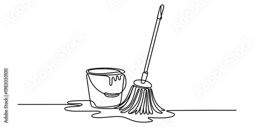 A single continuous line drawing illustration featuring a mop and a bucket for house cleaning. Vector, illustration