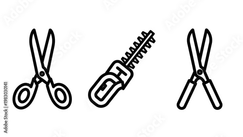 Icons of scissors hedge trimmer pruning shears with gardening tools plant care yard work line art hand tool scissors gardening trimming household equipment illustration collection electric