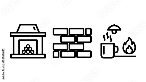 Cozy fireplace brick wall and hot beverage icons comfort and warmth with fireplace beverage interior relaxation mantelpiece illustration minimalist isolated background lifestyle coziness
