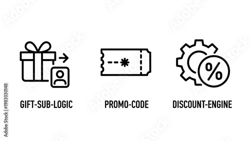Icons representing gift subscription promo code discount engine with online shopping e commerce line art discount subscription e-commerce business marketing illustration collection promotion