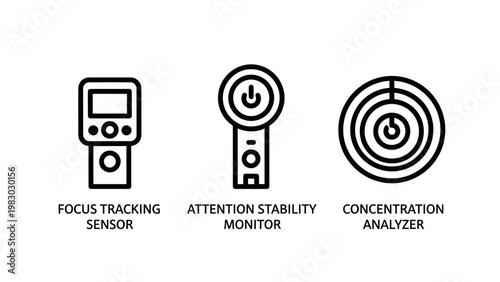 Icons for focus tracking sensor attention stability monitor concentration analyzer with line art user interface analyzer tracking attention stability concentration technology analysis
