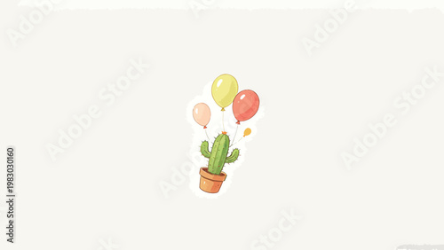 Whimsical Watercolor Illustration of a Potted Cactus Tethered to Floating Warm-Colored Balloons on a Soft Plain Off-White Minimalist Background