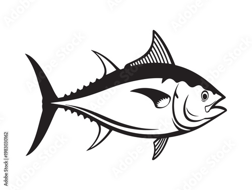 Black and white illustration of a bluefin tuna fish a powerful ocean predator