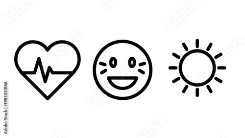 Healthy lifestyle concept icons: heartbeat happy face sun with heartbeat wellness lifestyle wellbeing vitality positivity radiance emotions goodness illustration collection minimalist