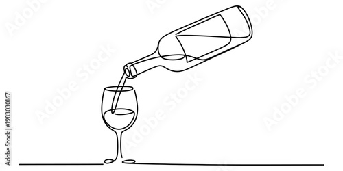 A single continuous line drawing of a wine bottle pouring a glass of wine on a white background. Vector, illustration