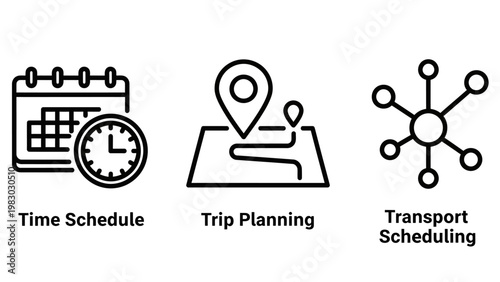 Planning icons: time schedule trip planning transport scheduling with time management planning schedule transport calendar location logistics management organization appointment navigation