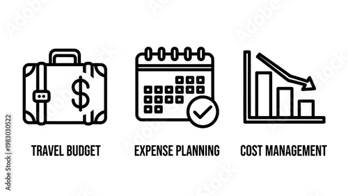 Financial icons: travel budget expense planning cost management with money management cost reduction financial report planning management suitcase calendar checklist downward financial